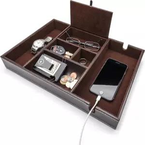 울트라이 나이트스탠드 정리함 남녀용 발렛 트레이 EDC 드레서 탑 캐치볼 다크 브라운 인조 가죽 6칸