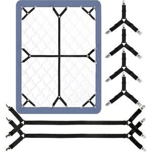 침대 시트 스트랩 6팩 장착 패스너 클립 조절 가능한 모서리 매트리스 멜빵 그립퍼 침구 액세서리용 크로스 홀더 블랙