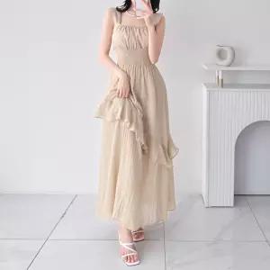 여자 스모크밴딩 사선 프릴 나시 쉬폰 롱 원피스