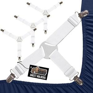 고릴라 그립 출원 중 침대 시트 홀더 금속 클립이 있는 조절 가능한 탄성 패스너 제자리에 고정되는 침구 스트랩 매트리스용 견고한 타이트 멜빵 산 디자인 흰색 4팩