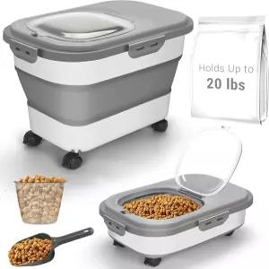 개 사료 보관 용기 20파운드 쌀 저장 디스펜서 바퀴가 달린 밀폐형 대형 반려묘 사료통 스쿱 계량컵 설탕