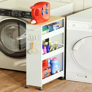 OKZEST 유틸리티 슬림 보관 카트 4단 좁은 세탁실 욕실 정리함 및 나무 상판이 있는 금속 팬트리 주방 정리
