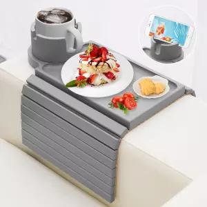 송동 소파 컵 홀더 360 회전 있는 3 in 1 팔걸이 테이블 트레이 대형 와이드 미끄럼 방지 의자 받침대 음료