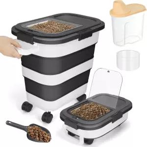 25파운드 개 사료 보관 용기 밀폐 뚜껑이 있는 대형 접이식 반려묘 손잡이 계량컵 작은 밥솥 건조 식품