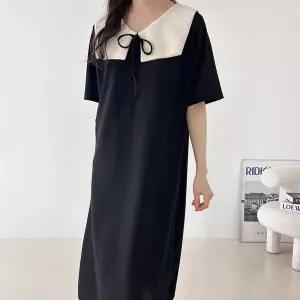 여자 하객룩 빅사이즈 배색 카라넥 리본 블랙 롱원피스