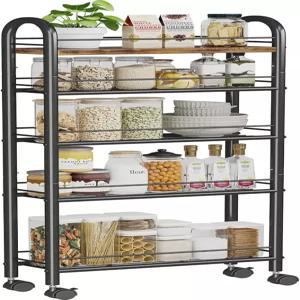 슬림 수납 카트 금속 프레임과 나무 상판이 있는 5단 좁은 유틸리티 주방 식당 거실 홈 오피스 빈티지를