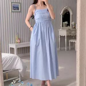 여자 휴양지룩 셔링 리본끈 스모크 코튼 여름 롱원피스