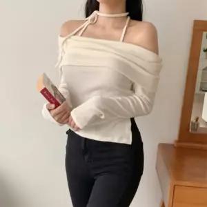 여자 목 리본타이 오프숄더 슬림핏 크롭 면 티셔츠