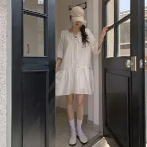 여자 레이온 린넨 셔링 리본끈 반팔 미디 원피스