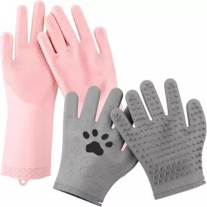 Mabnuby 애완동물 털 제거 장갑 세트 목욕 및 방목용 부드러운 실리콘 개 세척 고양이 말 핑크 그레이용