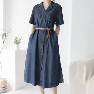 여자 벨트원피스 데님셔츠 버튼 포켓 카라넥 롱원피스