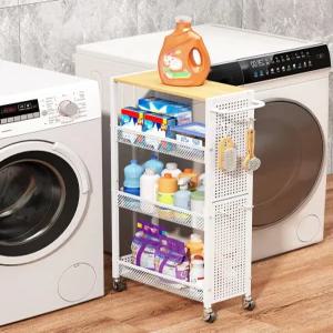 유틸리티 슬림 수납 카트 4단 소형 롤링 주방 세탁실 정리 우드 탑 메탈 좁은 선반 캐비닛 유닛 세탁 작은