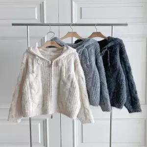 여자 클래식 꽈배기 도톰 후드 집업 니트 가디건