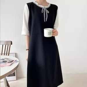 여자 하객룩 빅사이즈 리본 프릴라운드 반팔 롱원피스