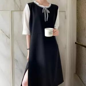 여자 리본 빅사이즈 반팔 프릴라운드 롱원피스