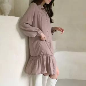 여자 밑단 프릴 오버핏 카라넥 미디 원피스