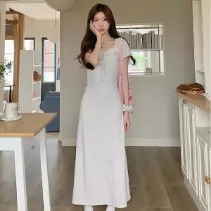 여성 데일리 프릴 스트링 A라인 반팔 롱 원피스