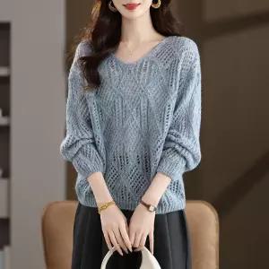여성용 니트 캐주얼 춘추 스웨터 얇은 펀칭 브이넥 긴팔 KS3