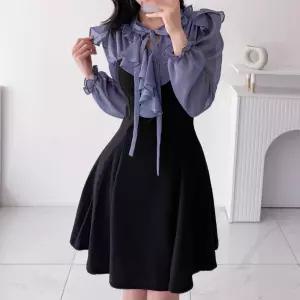 여자 리본 프릴 쉬폰 레이어드 플레어 미니 원피스