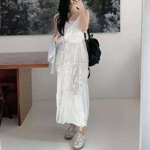 여자 바캉스 주름핏 나시 랩 프릴 롱 원피스