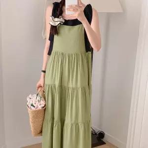 여자 리본끈 투톤 캉캉 바캉스룩 휴양지룩 롱원피스