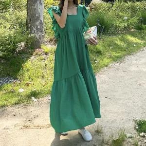 여자 바캉스 날개소매 프릴 스퀘어넥 캉캉 롱 원피스