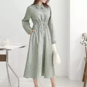 여자 깅엄체크 스트링 카라 버튼 봄데이트룩 롱원피스