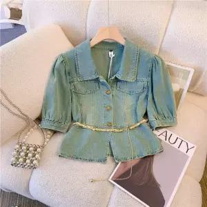 크롭청남방 여자 청남방 퍼프소매 데님 셔츠 반팔 데님셔츠 루즈핏 블라우스