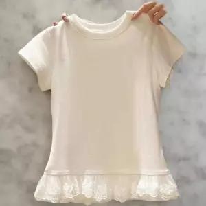 여성 심플 슬림핏 레이스 프릴 라운드넥 반팔 티셔츠