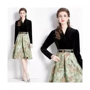 원피스 스커트 여성용 미니 빈티지 투피스 벨벳 자카드 브이넥 휴가 감성 CH1