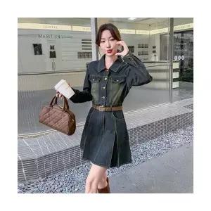 여성용 미니 스커트 빈티지 데님 원피스 봄가을 블라우스 조임 이 A라인 우산 CH3