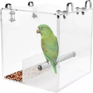 새장을 위한 지저분한 새 모이통 없음 - 앵무새 잉꼬 스테인리스 후크가 달린 자동 투명 식품 용기 아크릴