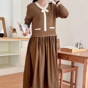 여자 투피스느낌 배색 진주리본 플레어 가을 롱원피스_3