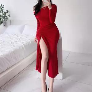 여자 파티룩 셔링 슬림 언발 오프숄더 앞트임 롱원피스