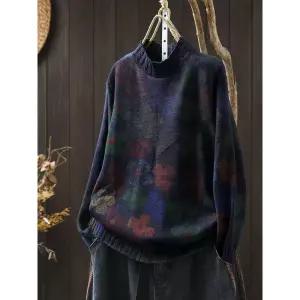 엘럽 가을 빈티지 캐주얼 여친 니트 플라워 프린트 반목 면사 스웨터 루즈핏 슬림 풀오버 원템3