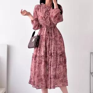 여자 간절기 3컬러 플라워 쉬폰 프릴 롱원피스