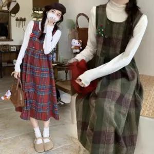 여자 빈티지 체크 더블 단추 민소매 모직 롱 원피스