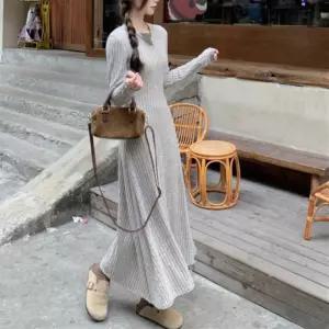여자 가을 데일리 플레어 골지 니트 롱원피스