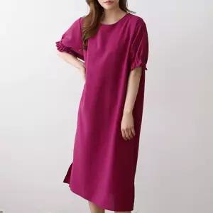 여자 프릴 퍼프소매 베이직 라운드 뒤트임 롱 원피스_3