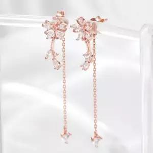 로즈골드귀걸이 골드필드 핀 큐빅 플라워 롱 드롭 일자침 귀걸이 14K