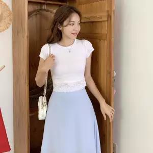 [1+1] 여성 슬림핏 골지 레이스 크롭 반팔 니트 티셔츠