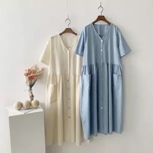 여자 린넨 마혼방 V넥 셔링 포켓 무지 솔리드 원피스_3
