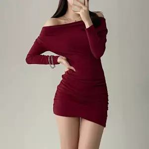 여자 오프숄더 셔링 튤립 초미니 베이직 슬림 원피스_3