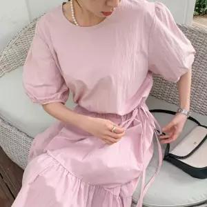 여자 여름 바스락 퍼프 빅사이즈 프릴 분홍 롱원피스_3