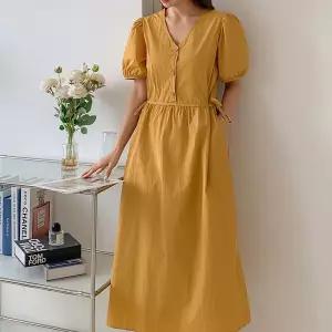 여자 여름하객룩 리본끈 브이 버튼 퍼프 나일론 롱원피스