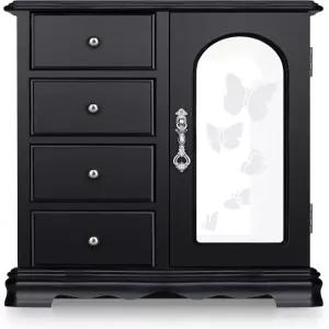 RR 라운드 리치 디자인 주얼리 박스 - 4개의 서랍 정리함과 내장 목걸이 캐러셀 및 대형 미러 블랙이 있는