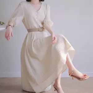 여자 여름 하객룩 퍼프 쉬폰 플레어 벨트포함 원피스