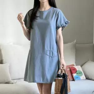 여자 여름 캐주얼 캡 프릴소매 라운드 청 미니원피스