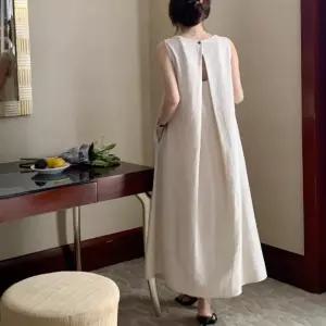 여자 여름 패션 휴양지룩 모던 등절개 플레어 롱원피스