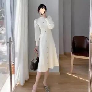 [옷은날개] 여성 터틀넥 니트 원피스 롱 벌룬소매 하객룩 긴팔